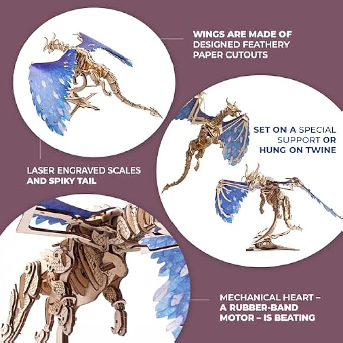 WINDSTORM DRAGON 3D PUZZLE - SELF-ASSEMBLY 3D WOODEN PUZZLES FOR ADULTS AND KIDS - REALISTIC 3D DRAGON PUZZLE WOOD MODEL KIT WITH RUBBER BAND MOTOR - LASER-CUT WOODEN PUZZLE MECHANICAL TOY - Image 4